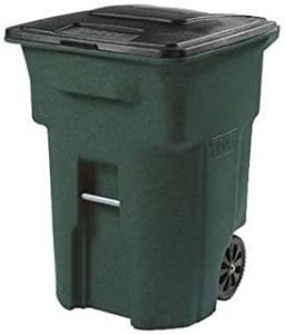 photo of green garbage can with black lid