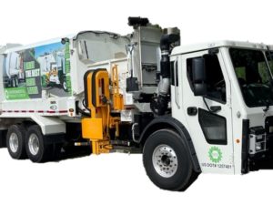 photo of white side loader garbage truck