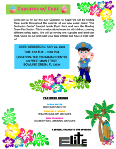 Colorful flyer with cupcakes, cop, flowers, trees & surfboard