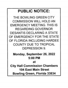 notice for emergency meeting on 9/26 at 5pm at CoBG City Hall regarding state of emergency for FL due to tropical depression