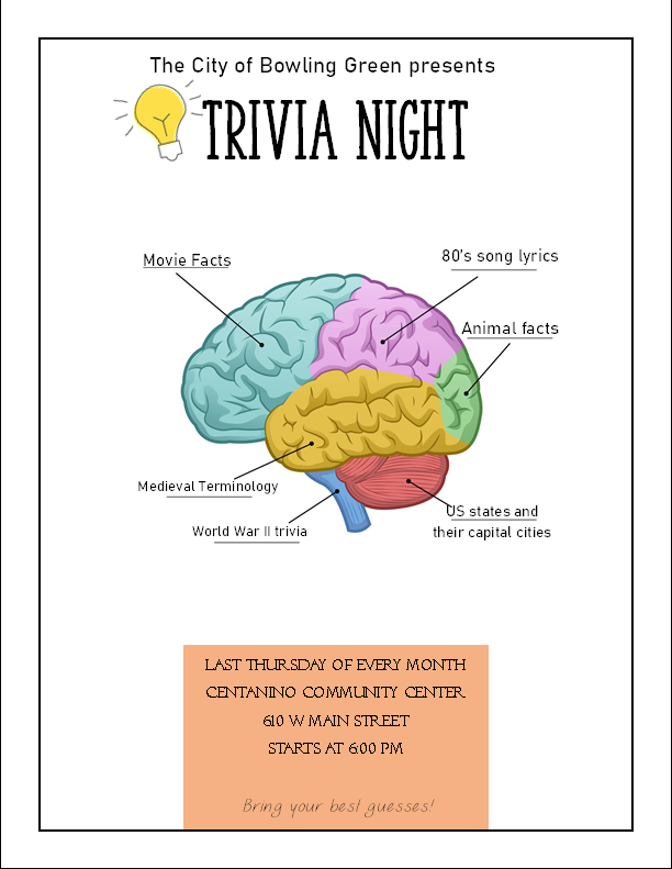 City of Bowling Green presents Trivia Night Last Thursday of every month Centanino community center 610 w jones st starts at 6:00 pm bring your best guesses.